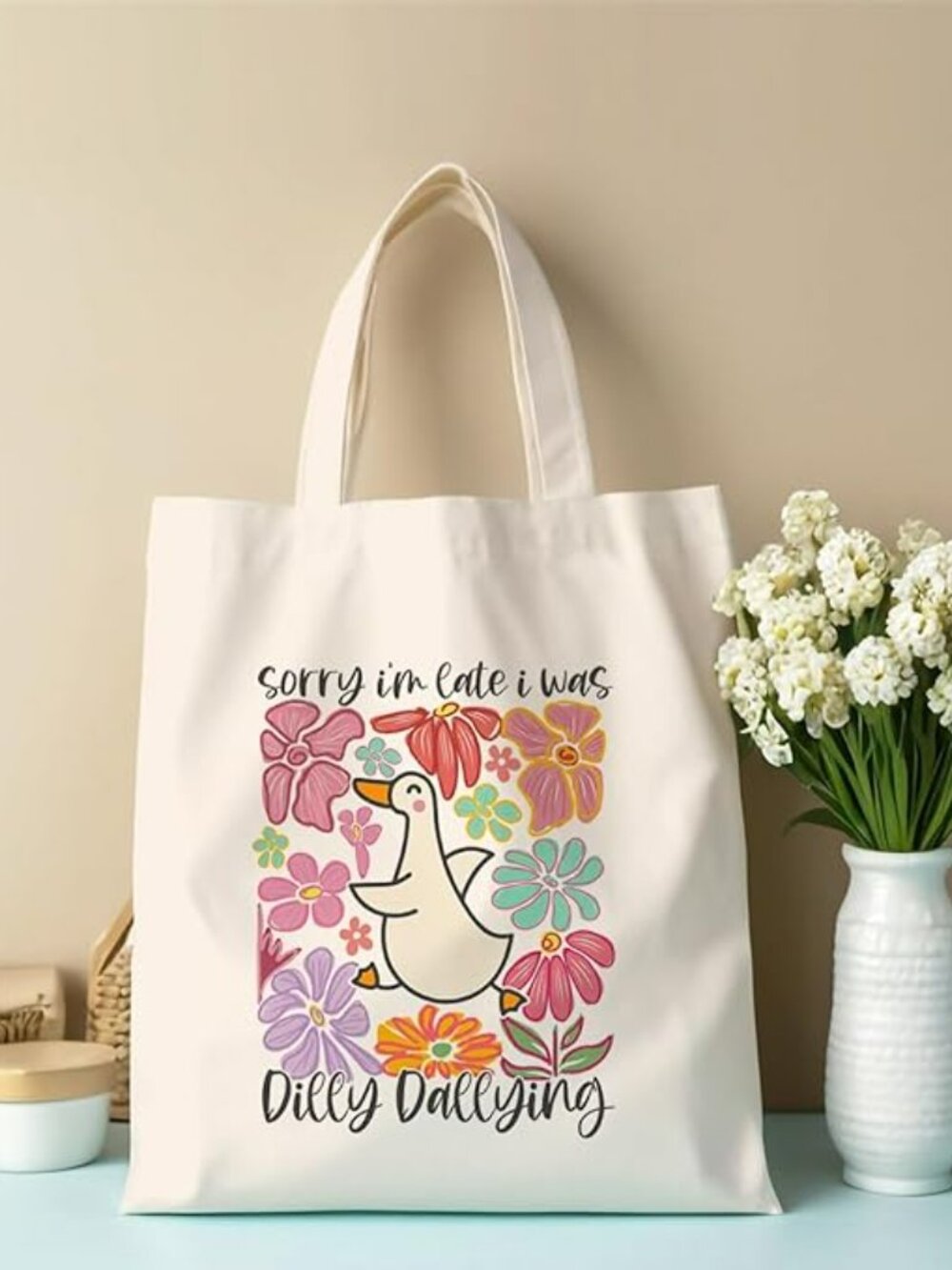 Cherry Goose Leopard Bow Flower Decor Canvas Tote Bag for Women